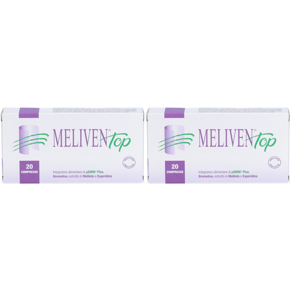 Deux boîtes rectangulaires. Sur chacune, le nom "MELIVEN Top" et "20 compresse" sont visibles.