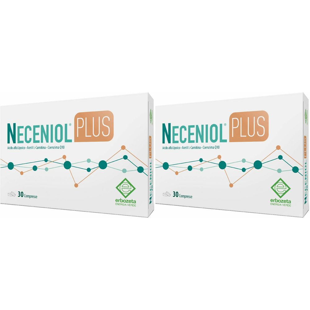 Zwei weiße Schachteln mit der Aufschrift "Neceniol Plus". Darunter ein grünes Logo und die Aufschrift "erbozeta".