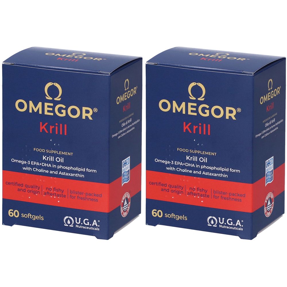 Deux boîtes de OMEGOR Krill. Sur chaque boîte, des gélules sont représentées. Texte : olio di krill, 60 capsules.