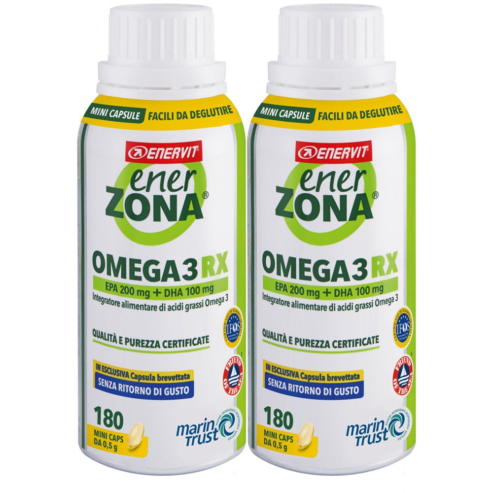 Zwei Flaschen ENERVIT EnerZONA Omega 3RX. Aufschrift: Omega3RX, EPA 200 mg + DHA 100 mg, 180 Mini-Kapseln.