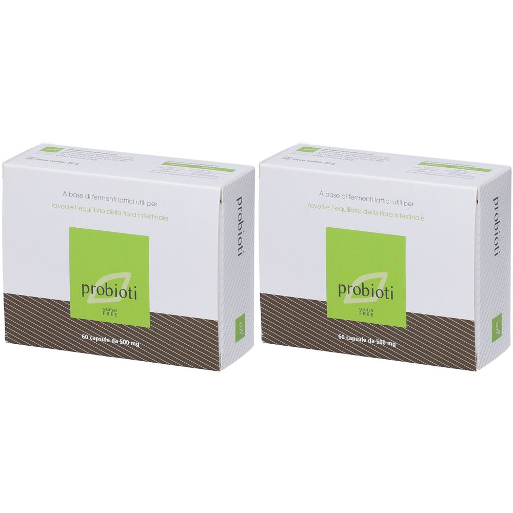 Deux boîtes blanches avec des accents verts. Inscription "probioti" et texte. 16 gélules par boîte.