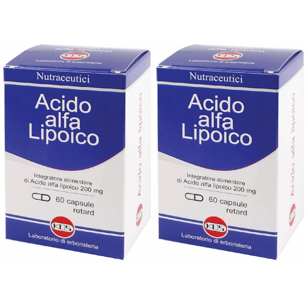 Zwei Schachteln mit der Aufschrift "Acido alfa Lipoico". Blaue und weiße Verpackung. KLS Laboratorio di erboristeria.