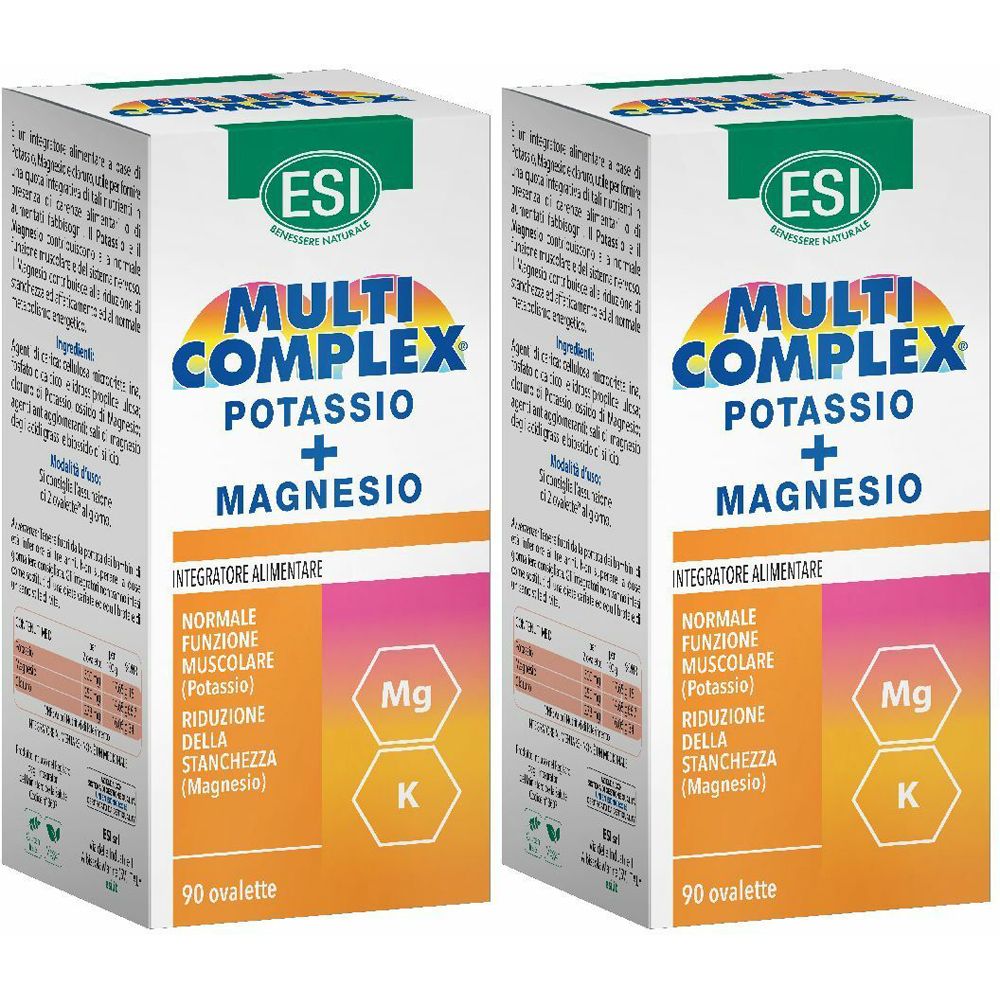 Zwei Packungen mit ESI MULTI-COMPLEX Potassio + Magnesio. Weiße Schachteln mit Produktnamen und Inhaltsangaben. 90 Ovalette.