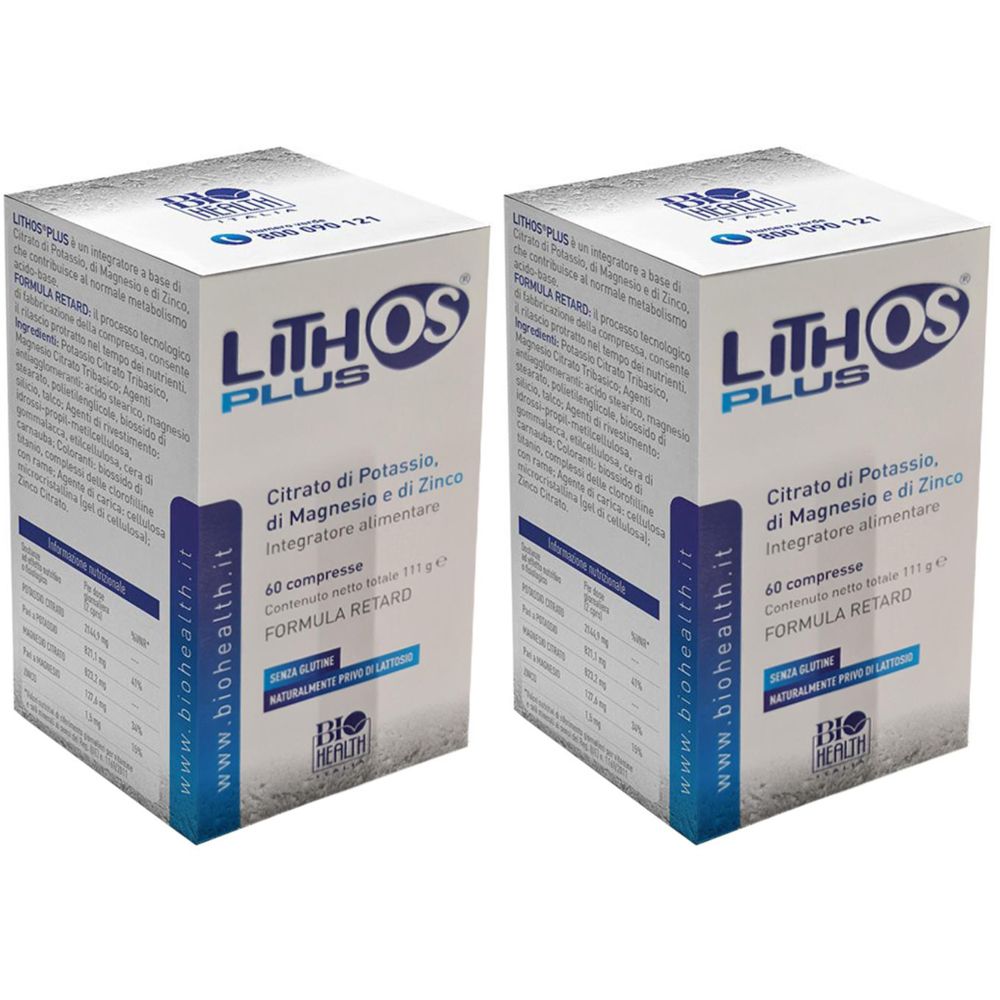 Deux boîtes blanches "LITHOS PLUS". Inscription: Citrato di Potassio, di Magnesio e di Zinco. 60 comprimés. Marque Biohealth.