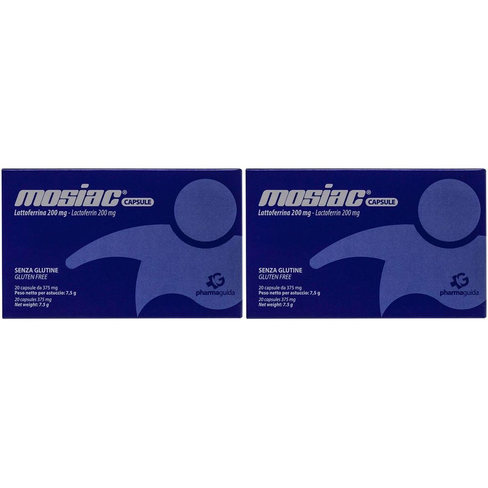 Zwei blaue Schachteln mit der Aufschrift "mosiac CAPSULE". Aufschrift "SENZA GLUTINE GLUTEN FREE".