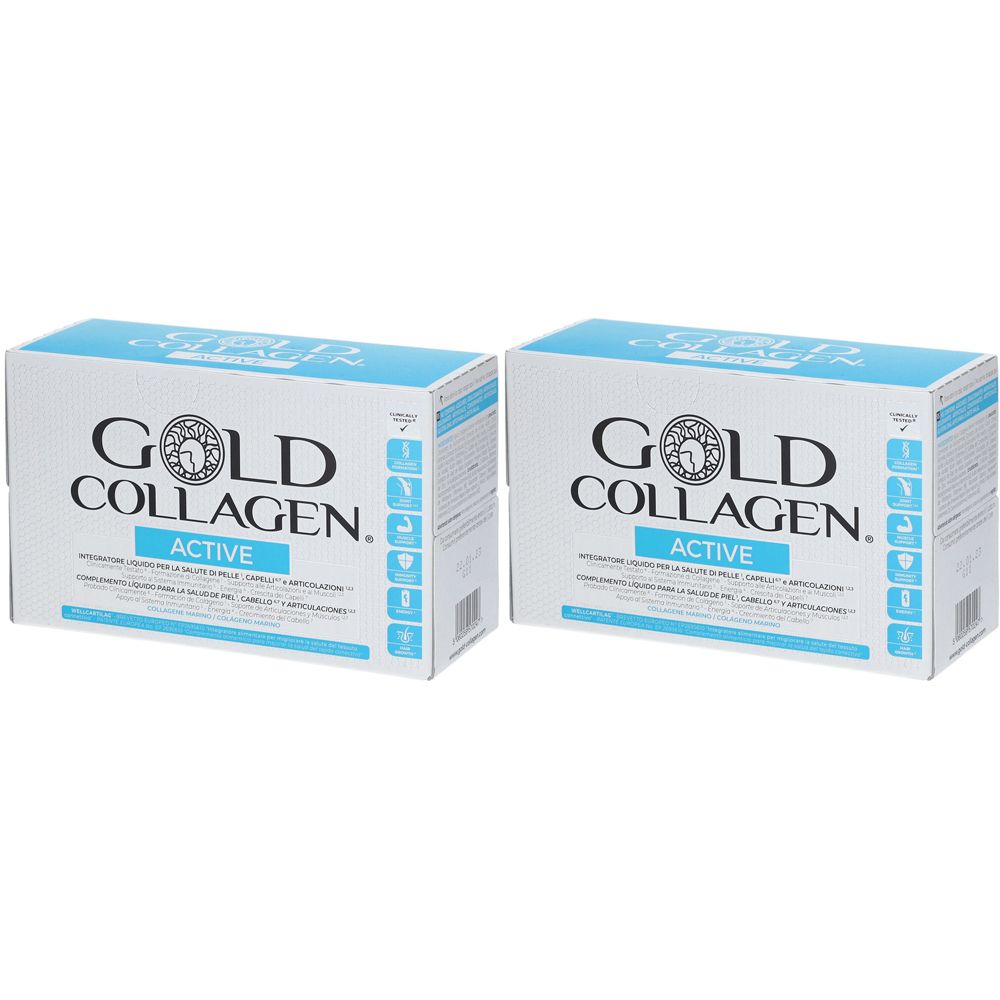 Deux boîtes blanches avec couvercle bleu. Inscription : GOLD COLLAGEN ACTIVE. Logos et texte en noir et bleu. Emballage du produit.