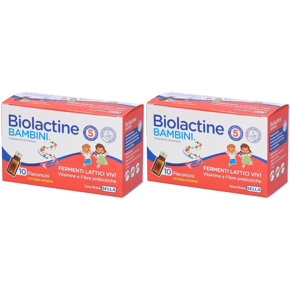 Zwei Packungen mit roter und weißer Aufschrift. Aufschrift: Biolactine Bambini, 10 Fläschchen, Fermenti Lattici Vivi, Vitamine e Fibre prebiotiche.