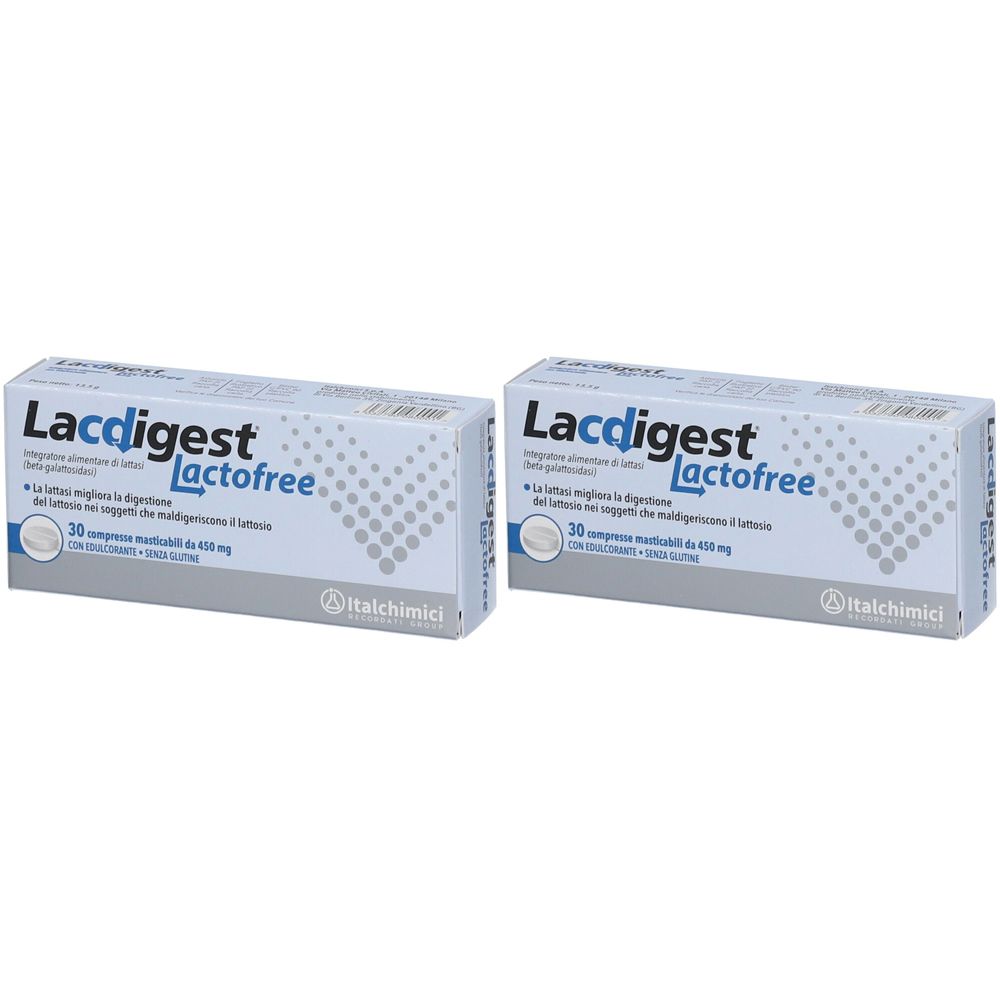 Deux boîtes de Lacdigest Lactofree. Inscription: 30 comprimés, logo Italchimici. Emballage bleu et blanc.