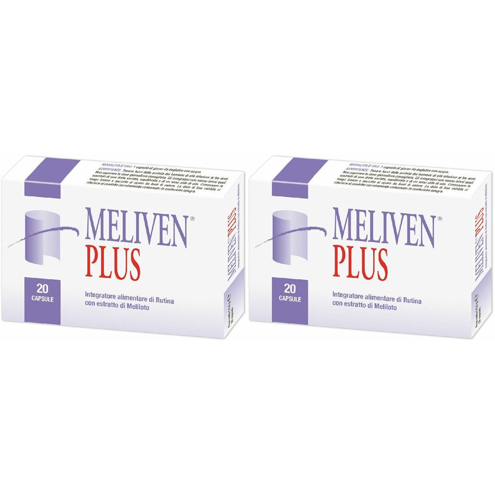 Deux boîtes blanches avec des accents violets. Texte : MELIVEN PLUS, 20 capsules. Texte additionnel en italien.