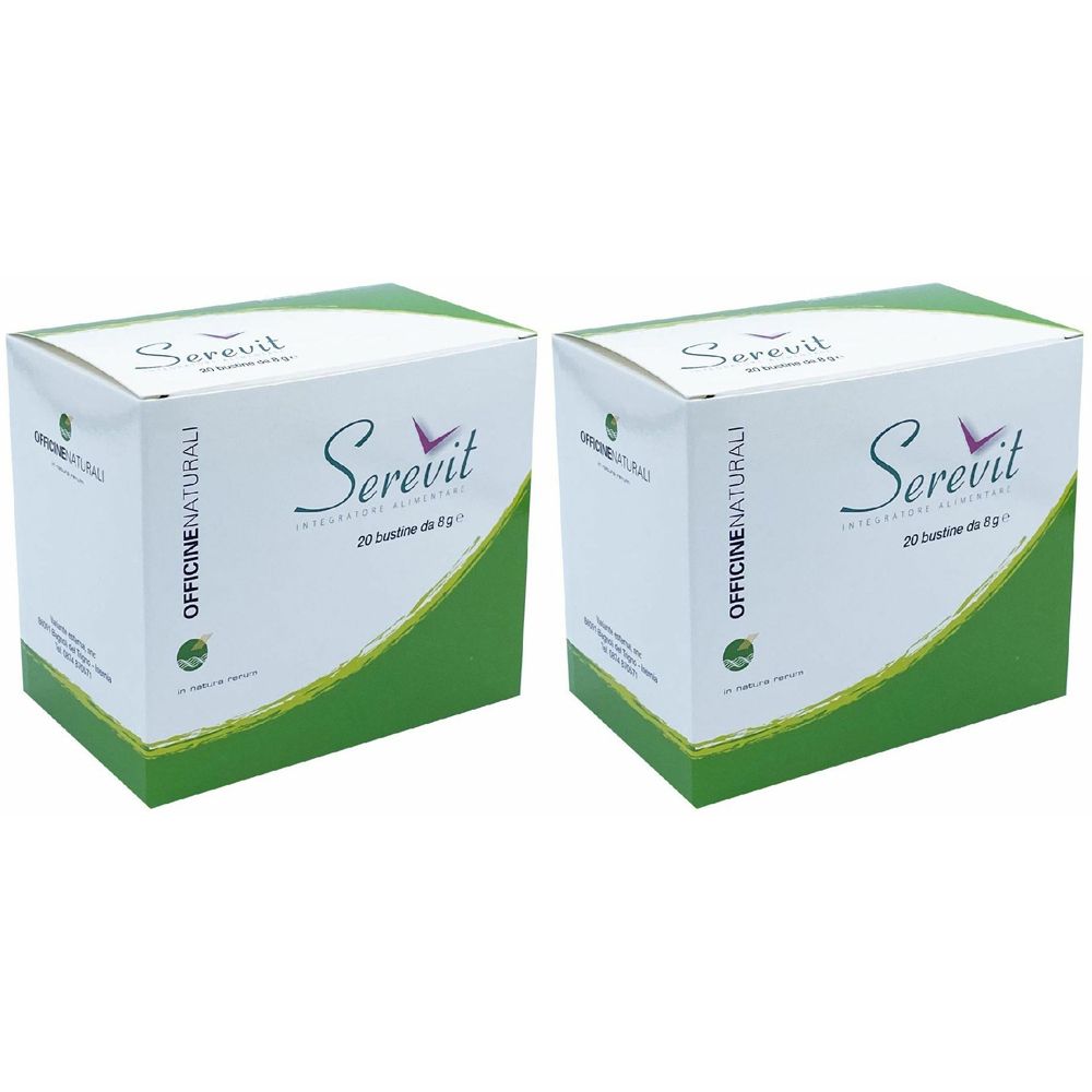 Zwei weiße Kartons mit grünem Akzent. Aufschrift Serevit, 20 Beutel. Marke Officine Naturali.