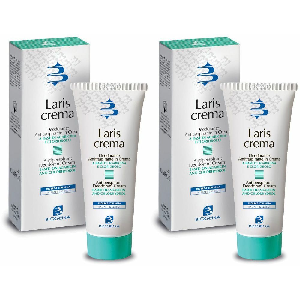 Deux tubes et deux boîtes. Sur les tubes, on lit "Laris crema". Sur les boîtes, on lit "Deodorante Antitraspirante".