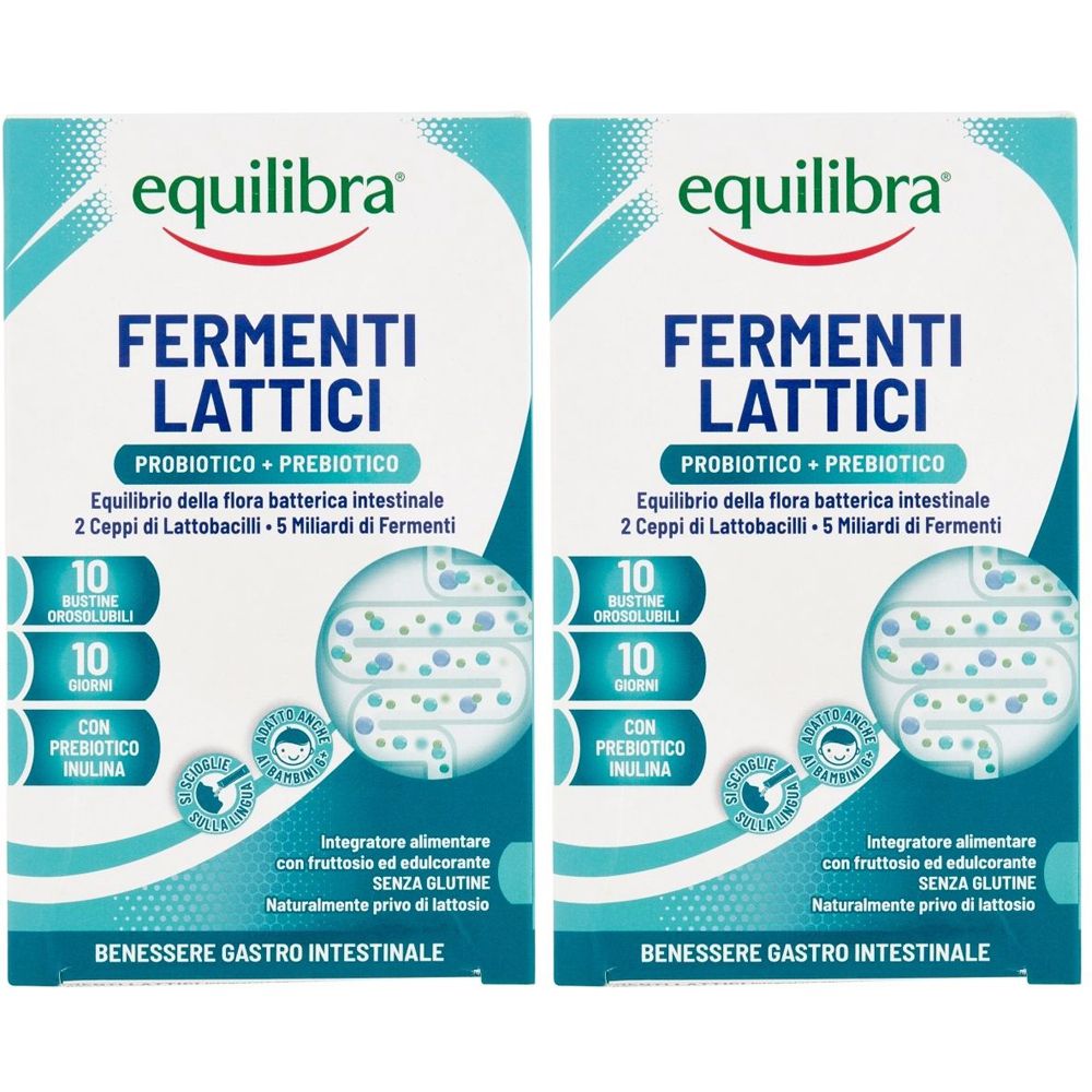 Deux boîtes de "Fermenti Lattici" de la marque "equilibra". Contient 10 sachets et 10 jours. Ingrédients : probiotique et prébiotique.
