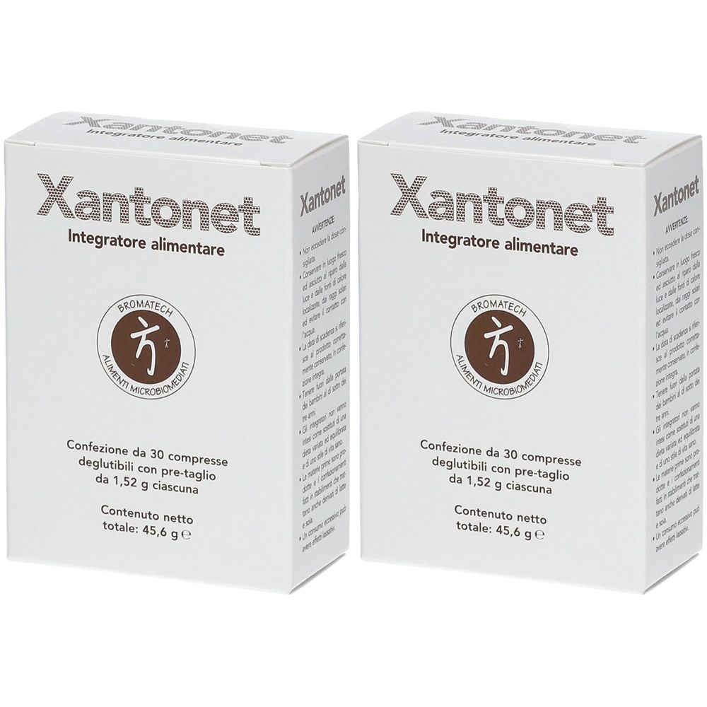 Zwei weiße Schachteln mit der Aufschrift Xantonet, Nahrungsergänzungsmittel. Jede Schachtel enthält 30 Tabletten. Auf jeder Schachtel ist ein Logo abgebildet.