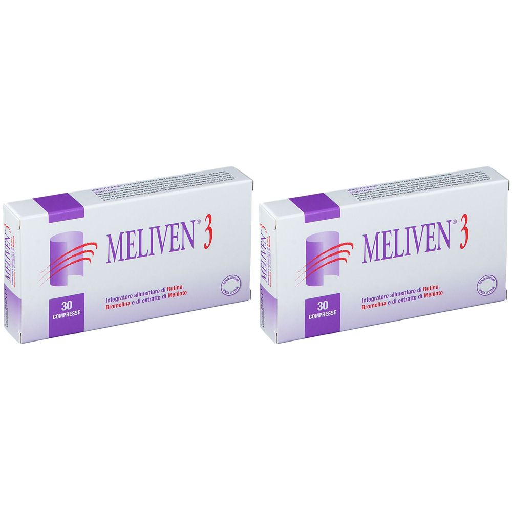 Zwei Schachteln mit der Aufschrift "MELIVEN 3". Jede Schachtel enthält 30 Tabletten. Lila und weiße Verpackung.