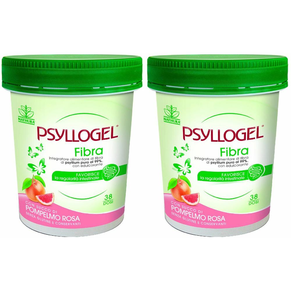 Zwei Behälter mit grünem Deckel. Aufschrift: PSYLLOGEL Fibra, mit rosa Grapefruit-Abbildung. 38 Portionen.