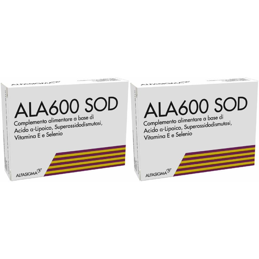 Deux boîtes blanches avec l'inscription ALA600 SOD. Texte en dessous : Complemento alimentare a base di Acido a-Lipoico, Superossidodismutasi, Vitamina E e Selenio.