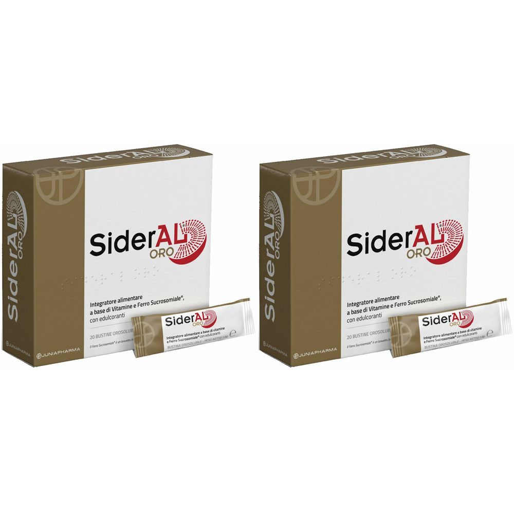 Zwei Kartons mit der Aufschrift SiderAL Oro und zwei Beutel. Braune und weiße Verpackung mit rotem Logo.