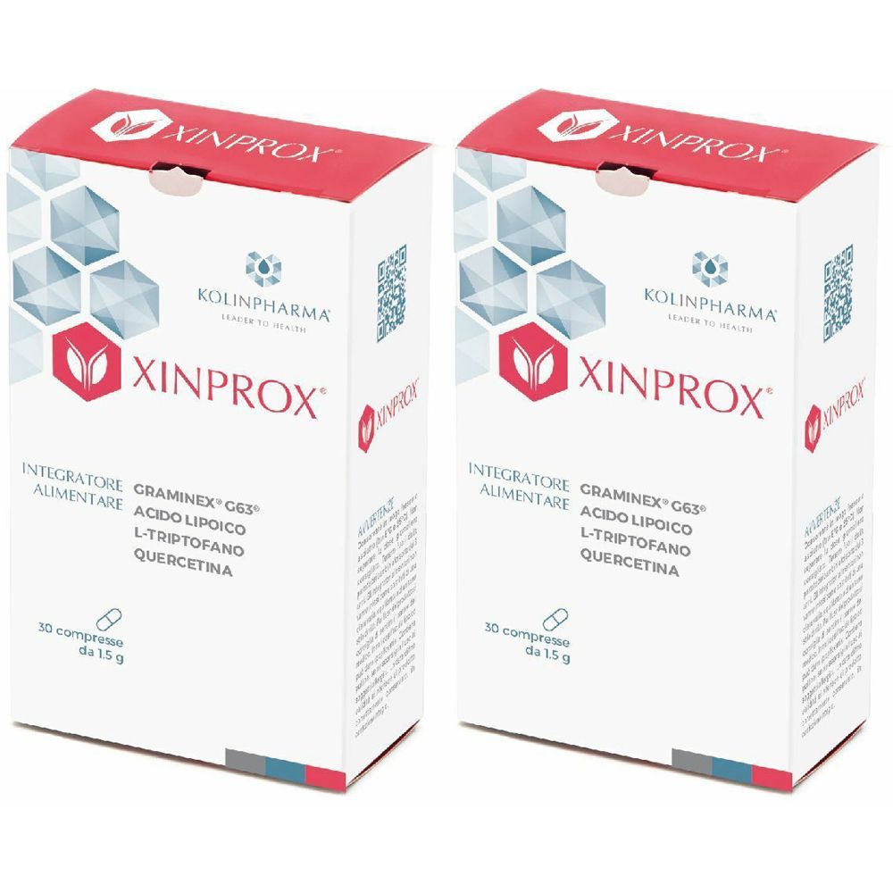 Zwei Schachteln Xinprox. Weiße Verpackung mit rotem Deckel. Aufschrift Xinprox, Kolinpharma. Enthält 30 Tabletten.