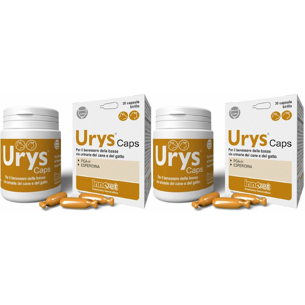 Drei weiße Flaschen und Kartons mit dem Produktnamen Urys Caps. Einige Kapseln liegen davor. Text in italienischer Sprache.