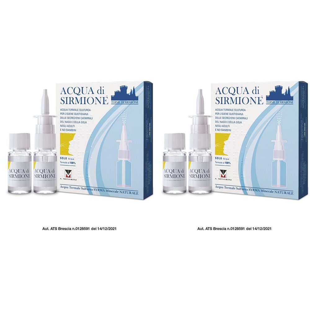 Deux ensembles Acqua di Sirmione. Chaque ensemble comprend un flacon pulvérisateur, un petit flacon et une boîte avec des informations.