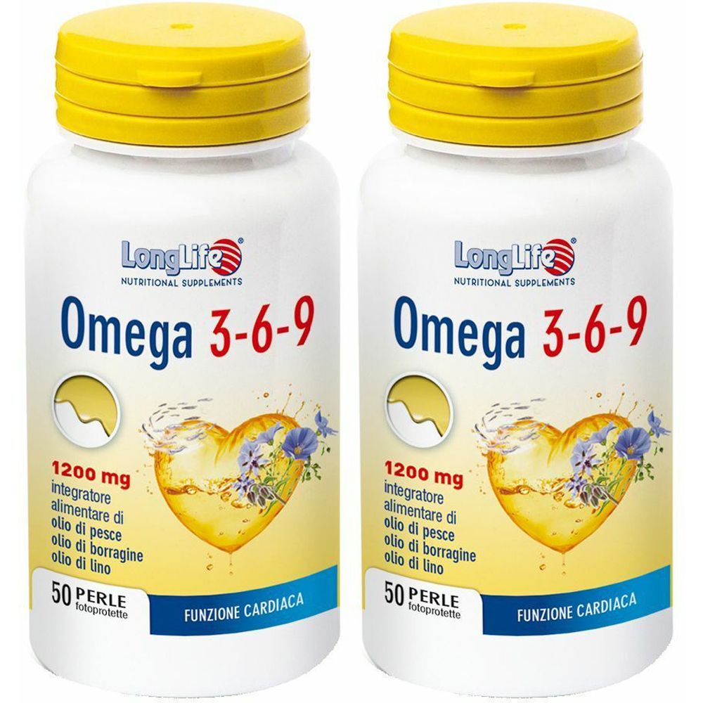 Zwei Flaschen mit gelbem Deckel. Aufschrift: Omega 3-6-9, 1200 mg, 50 Perlen. Marke: LongLife.