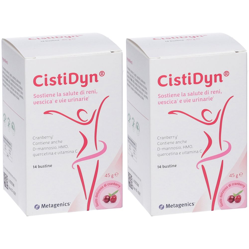 Zwei weiße Kartons mit dem Produktnamen CistiDyn. Aufdrucke: Cranberry, Tee, D-Mannose, Quercetin, Vitamin C. Marke: Metagenics.