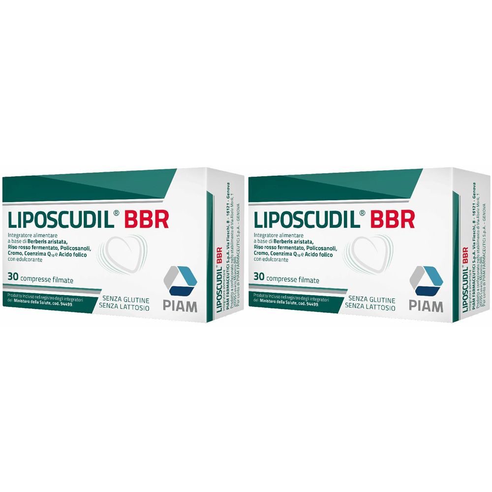 Deux boîtes de Liposcudil BBR. Inscription : 30 compresse filmate, sans gluten, sans lactose. Logo PIAM.