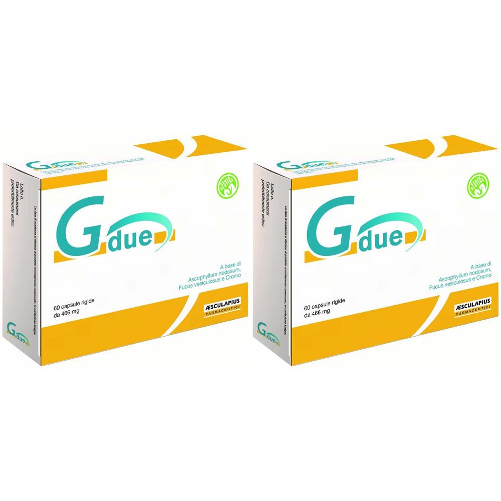 Zwei weiße Schachteln mit gelben Akzenten. Aufschrift "Gdue" in Türkis. Text: 60 Kapseln, 400 mg. Logo: Asclepius Pharma.