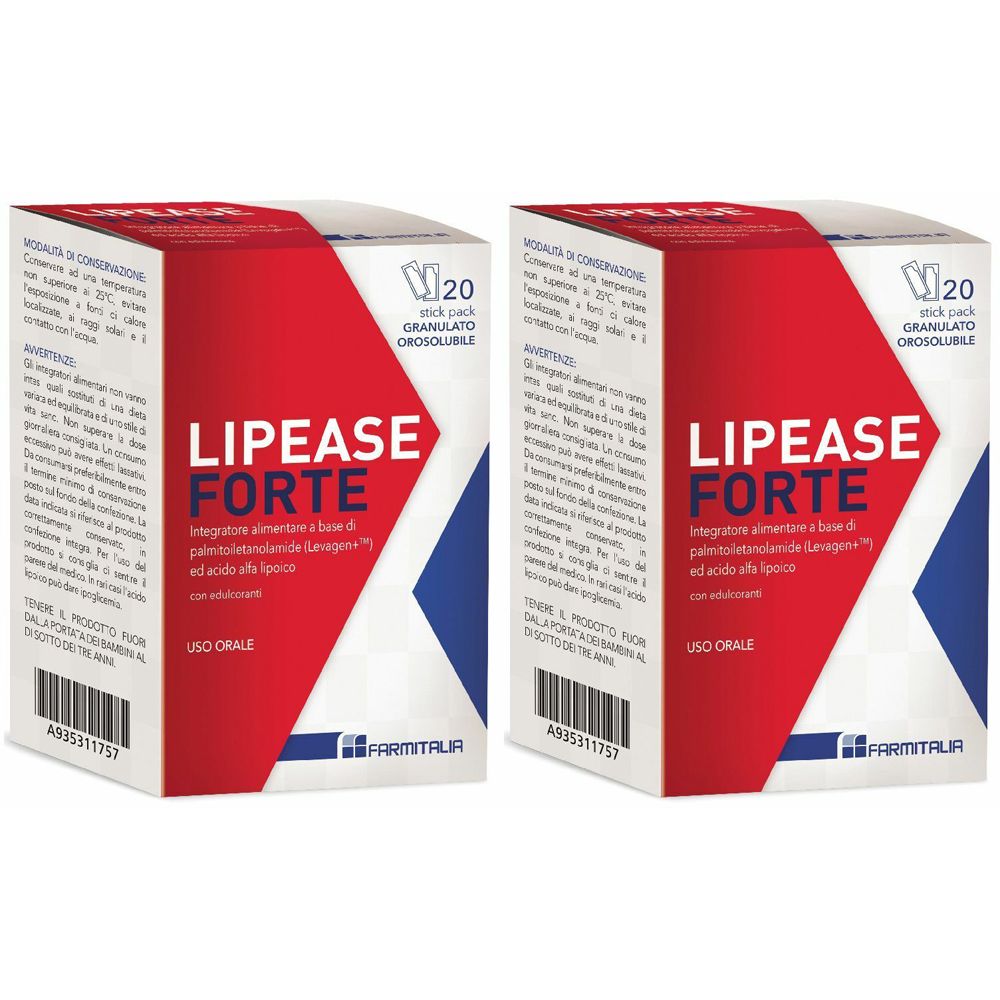 Deux boîtes carrées avec l'inscription rouge et blanche LIPEASE FORTE. Inscription : 20 sachets sticks, granulés.