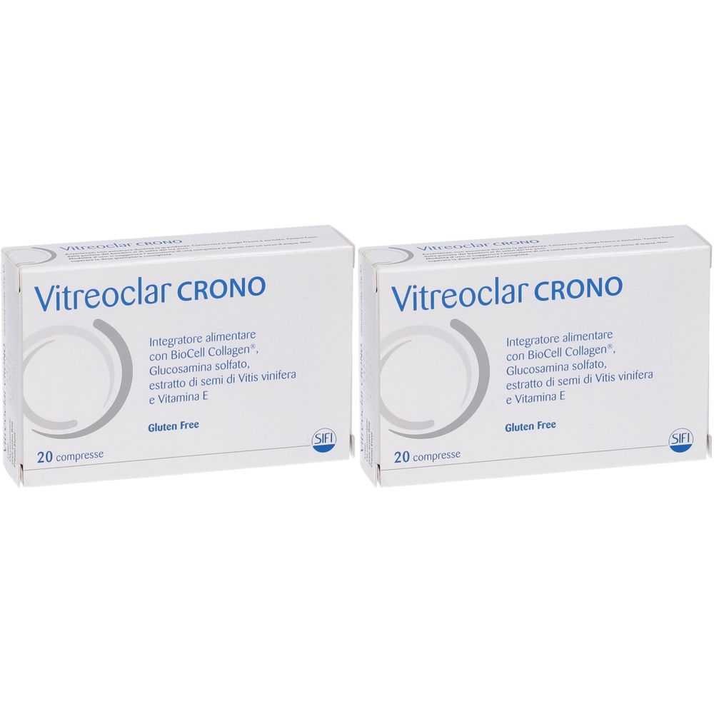 Deux boîtes de Vitreoclar Crono. Inscription : Complément alimentaire avec collagène hydrolysé, glucosamine, extrait de Vitis Vinifera et vitamine E. Sans gluten.