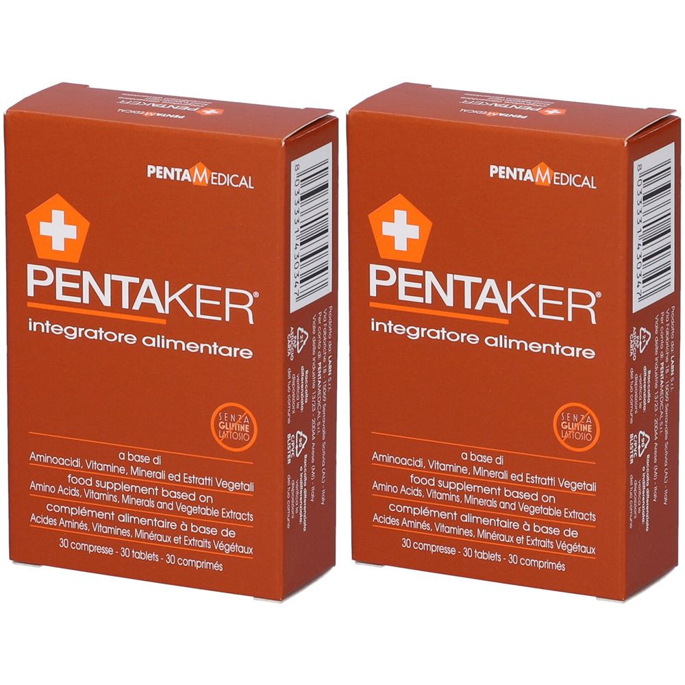 Deux boîtes orange avec PENTAKER, complément alimentaire. Contient 30 comprimés. Marque PENTA MEDICAL.