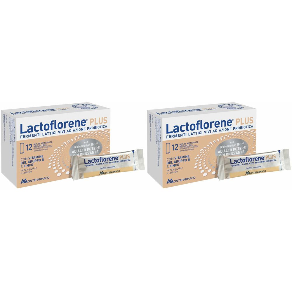 Zwei Schachteln mit Lactoflorene PLUS. Auf jeder Schachtel steht „FERMENTI LATTICI VIVI AD AZIONE PROBIOTICA“ und „12“. Einzelne Beutel liegen daneben.