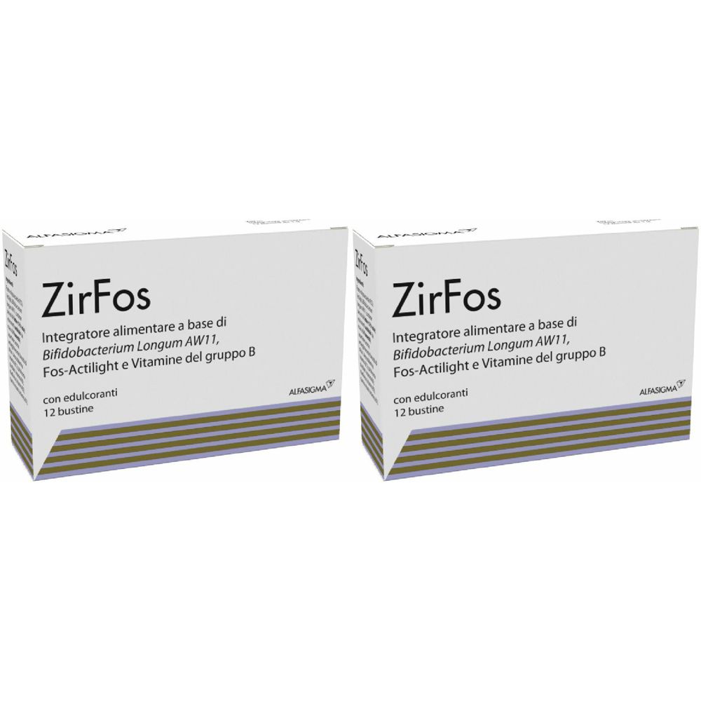 Deux boîtes blanches ZirFos. Inscription : Integratore alimentare a base di... Contient 12 sachets.