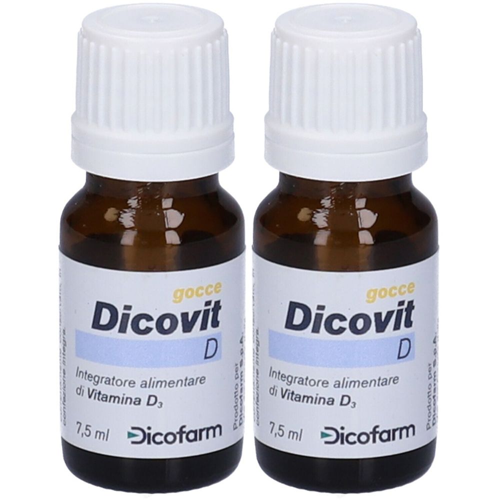 Zwei Fläschchen Dicovit D, Nahrungsergänzungsmittel mit Vitamin D. Braunglasflaschen mit weißem Deckel und Etikett.