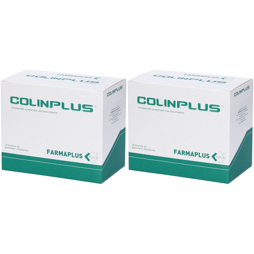 Zwei weiße Kartons mit grünem Streifen und Aufschrift COLINPLUS. Marke FARMAPLUS. Text in italienischer Sprache.