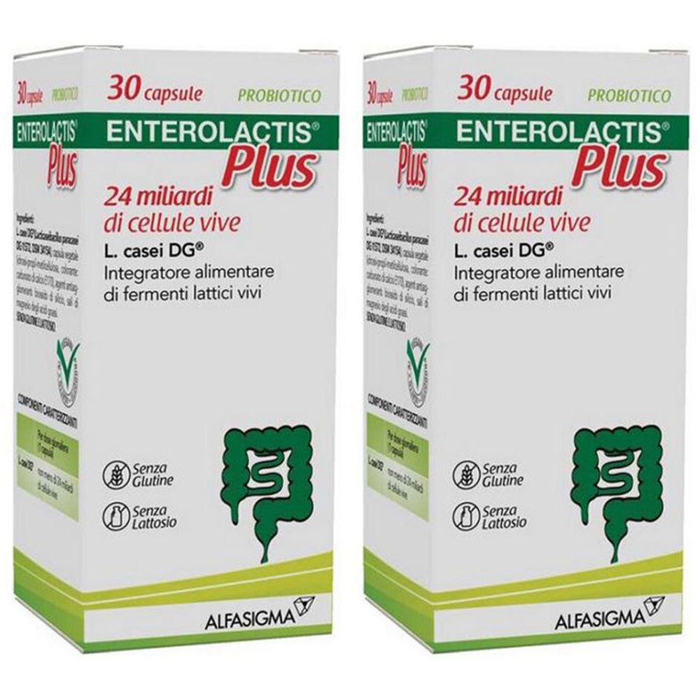 Zwei Schachteln Enterolactis Plus. Aufschrift: 30 Kapseln, Probiotikum, 24 Milliarden lebende Zellen, L. casei DG, glutenfrei, laktosefrei.