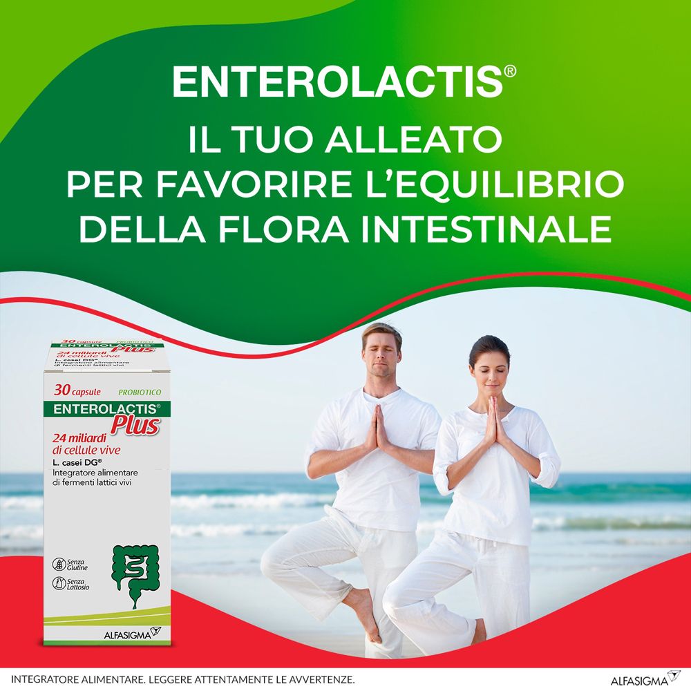 Werbebild mit Produktverpackung. Text: Enterolactis Plus, 30 Kapseln, 24 Milliarden lebende Zellen. Personen in Yoga-Pose.