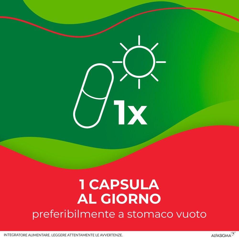 Grafik mit Kapsel und Sonne. Text: 1x, 1 Kapsel pro Tag, vorzugsweise auf nüchternen Magen.