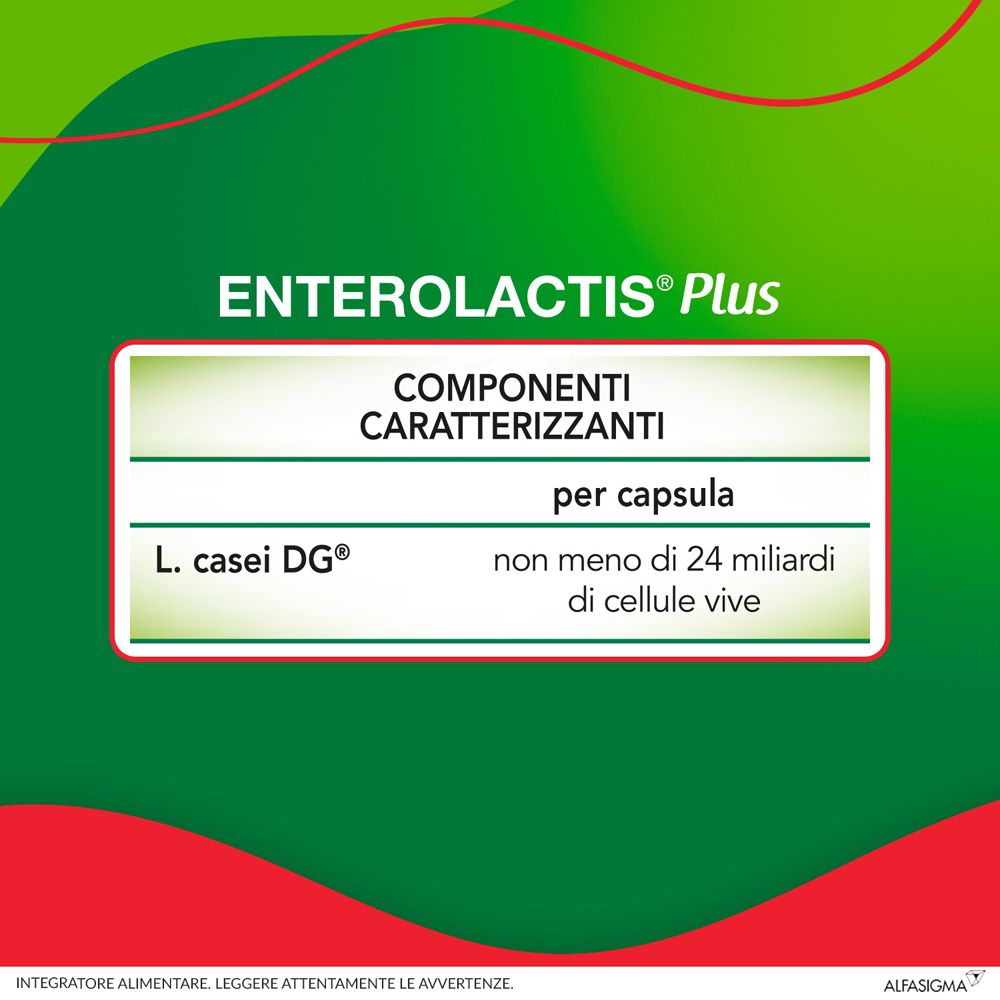Text: Enterolactis Plus. Tabelle: Komponenten, L. casei DG, nicht weniger als 24 Milliarden lebende Zellen.