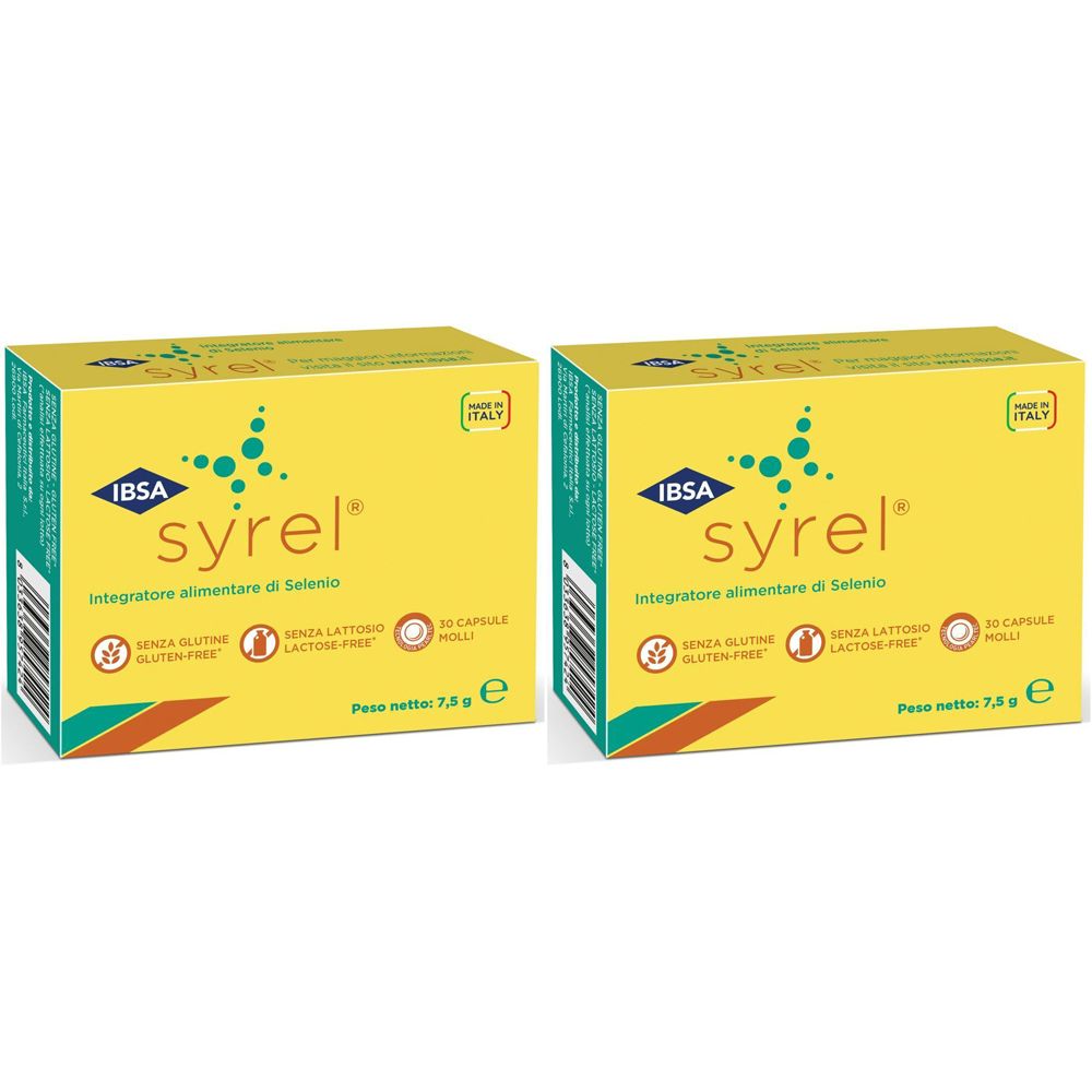 Zwei gelbe Schachteln mit der Aufschrift "syrel". Auf jeder Schachtel sind Logos und Text abgebildet, darunter "glutenfrei".