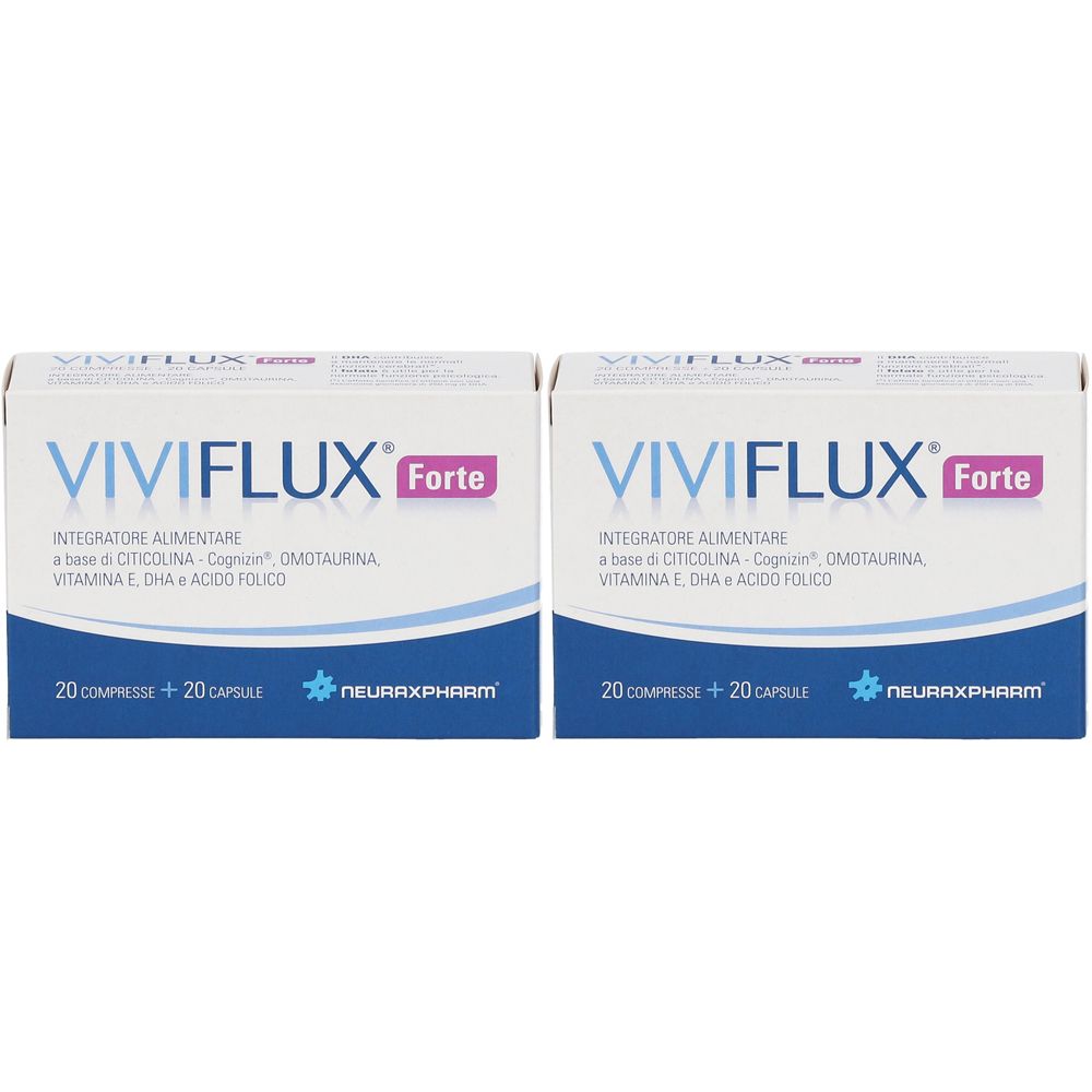 Zwei Schachteln VIVIFLUX® Forte. Aufschrift: INTEGRATORE ALIMENTARE. Enthält 20 Tabletten + 20 Kapseln. Marke: NEURAXPHARM.