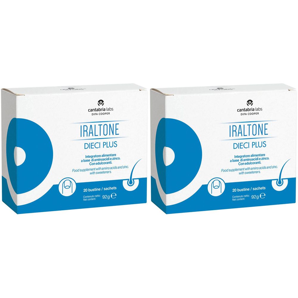 Deux boîtes blanches avec graphisme bleu. Inscription: Iraltone Dieci Plus. Contient 20 sachets. Marque: Cantabria Labs.