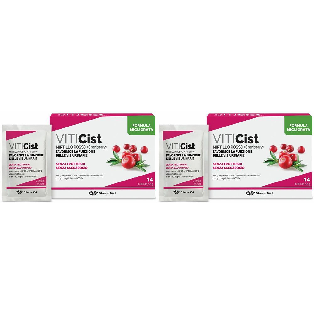 Zwei Packungen und zwei Beutel VITICist. Aufschrift: Mirtillo Rosso (Cranberry). 14 Stück. Aufschrift: Formel verbessert.