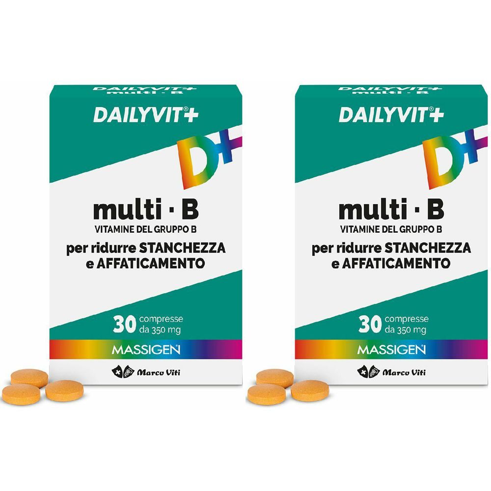 Zwei Packungen DailyVit+ multi B, Tabletten. Aufschrift: per ridurre stanchezza e affaticamento. Orangefarbene Tabletten liegen davor.