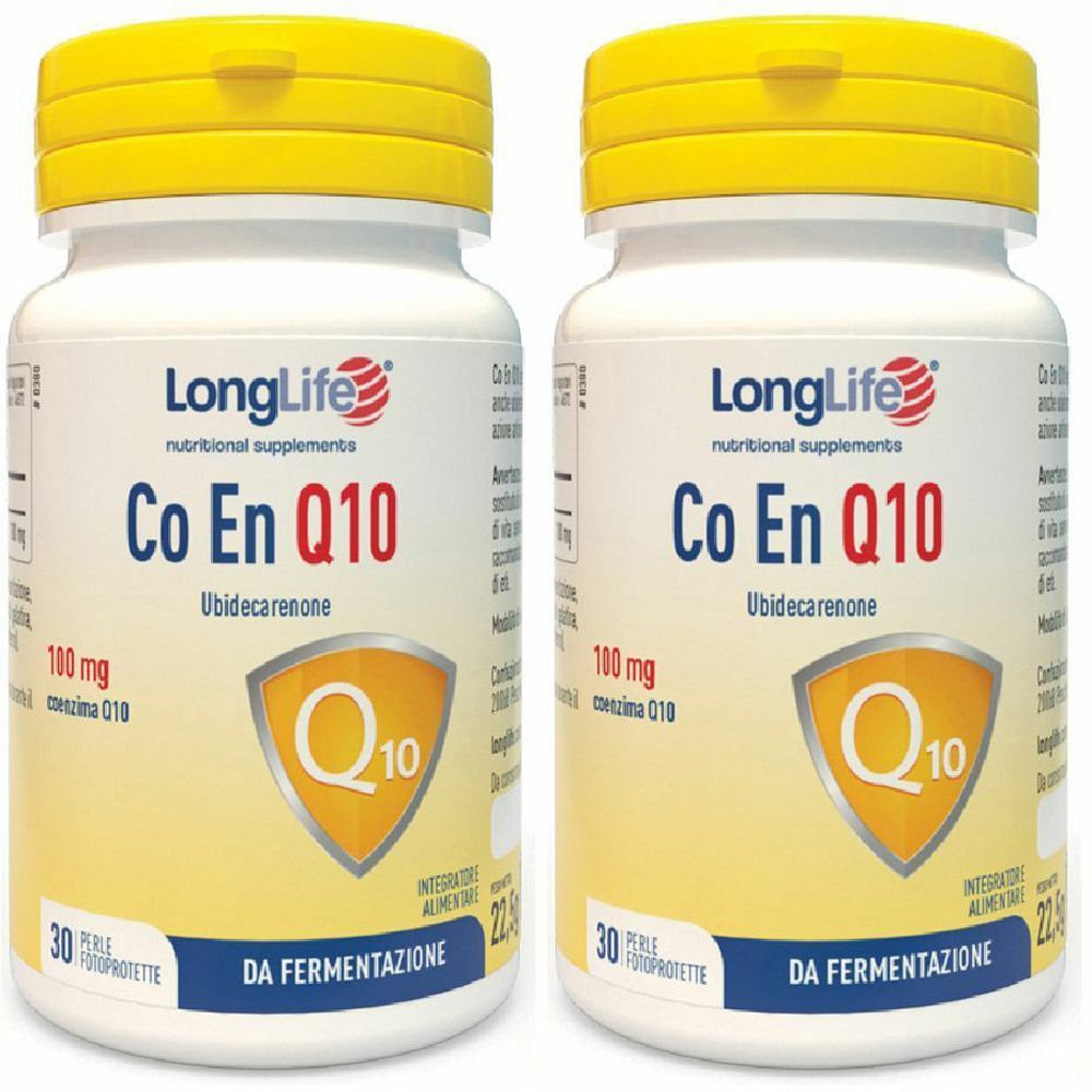 Zwei weiße Flaschen mit gelben Deckeln. Aufschrift: LongLife Co En Q10, 100 mg. Mit Q10-Symbol und Text: DA FERMENTAZIONE.