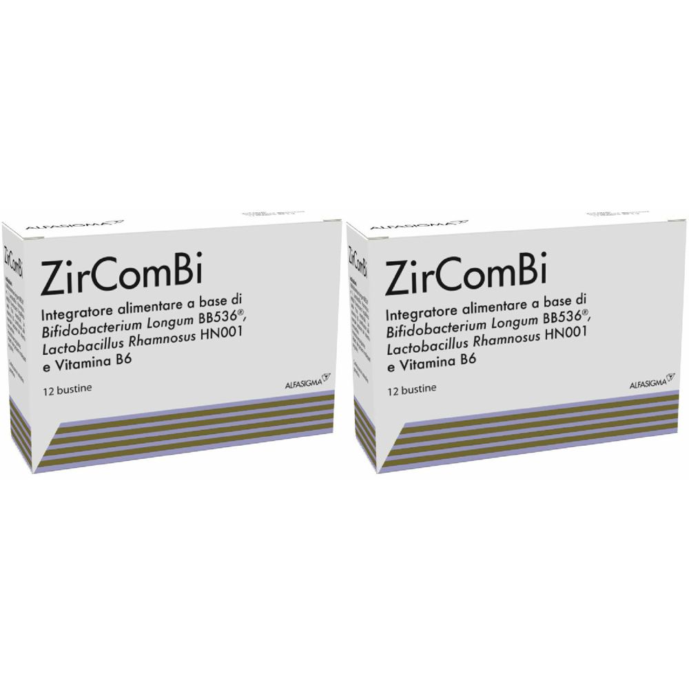 Zwei Schachteln ZirComBi. Aufschrift: Integratore alimentare a base di Bifidobacterium Longum, Lactobacillus Rhamnosus, Vitamina B6. 12 Beutel.