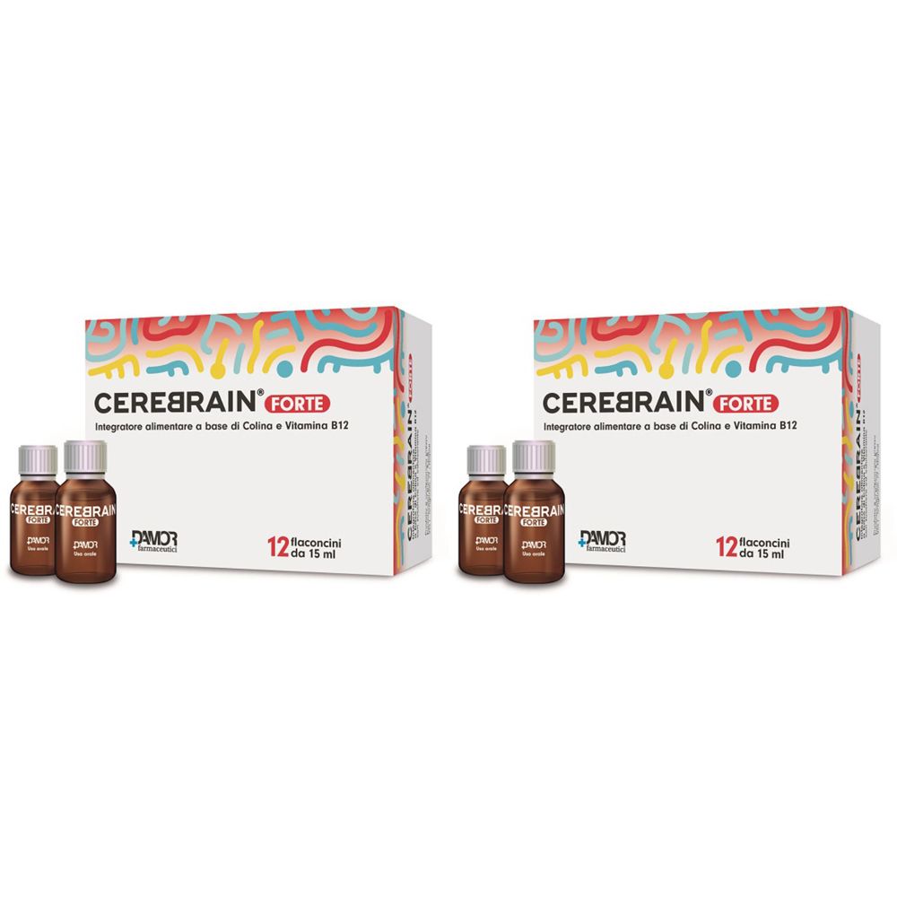 Zwei Packungen Cerebrain Forte. Jede Packung enthält 12 Fläschchen und einige kleine Flaschen. Text: Cerebrain Forte.