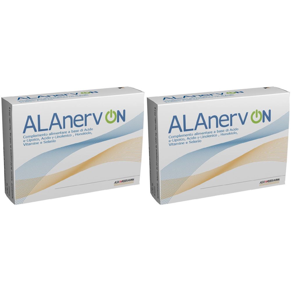 Deux boîtes blanches avec le texte ALAnervON en bleu et vert. Autres inscriptions et un logo en dessous.