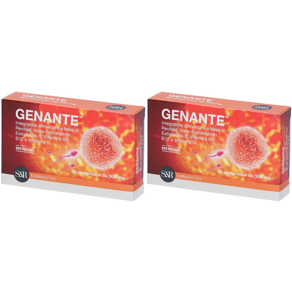 Deux boîtes GENANTE. Inscription: Integratore alimentare, 30 comprimés de 500mg. Marque S&R Farmaceutici.