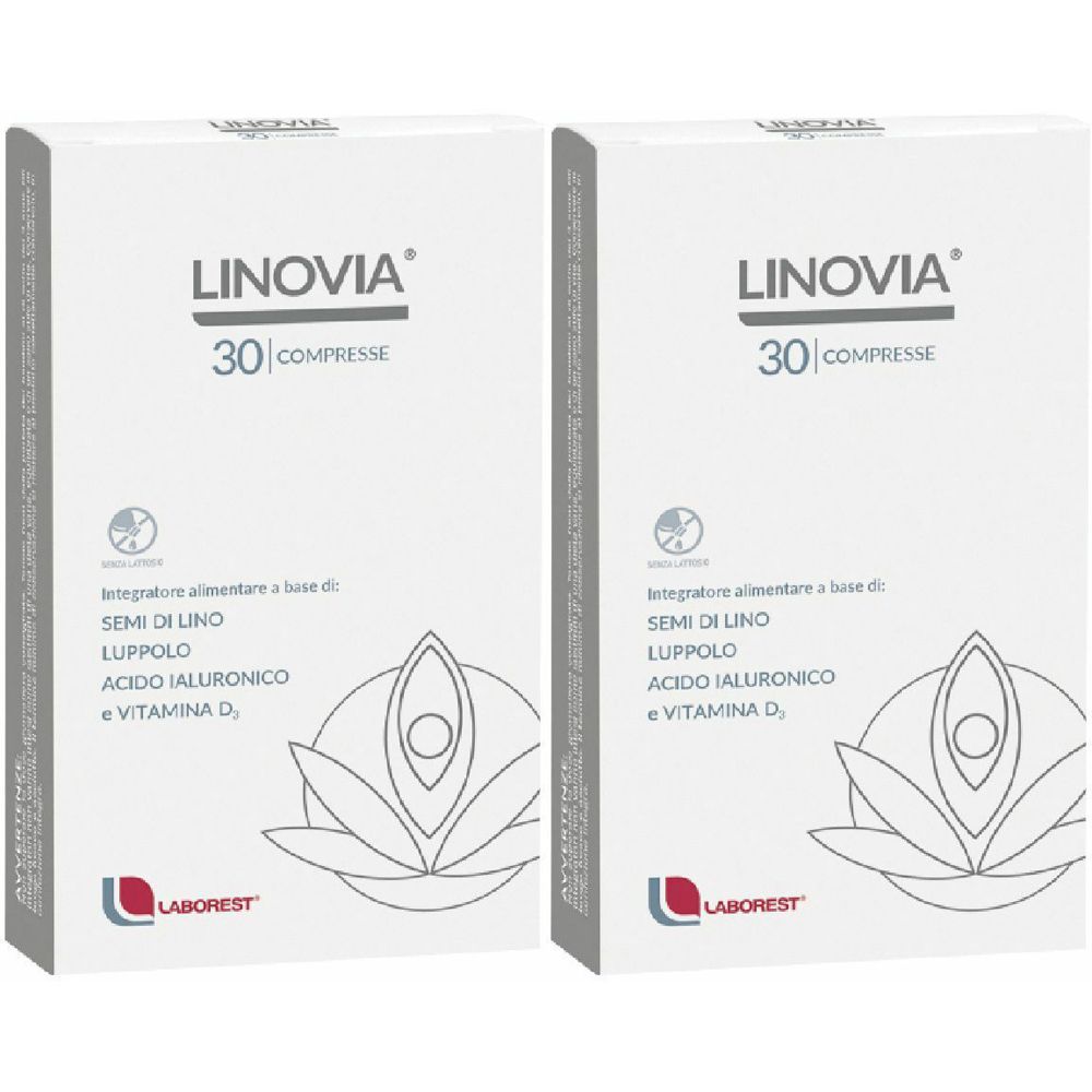 Zwei Schachteln mit der Aufschrift LINOVIA, 30 Tabletten. Enthält Leinsamen, Hopfen, Hyaluronsäure und Vitamin D. Marke LABOREST.